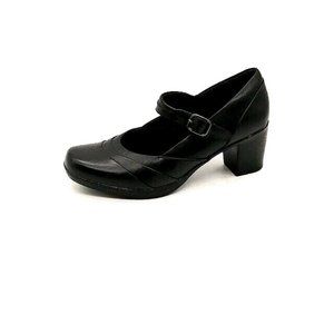 Clarks Womens Pumps Black Leather Mary Jane Shoe Buckle Strap Block Heel 7.5